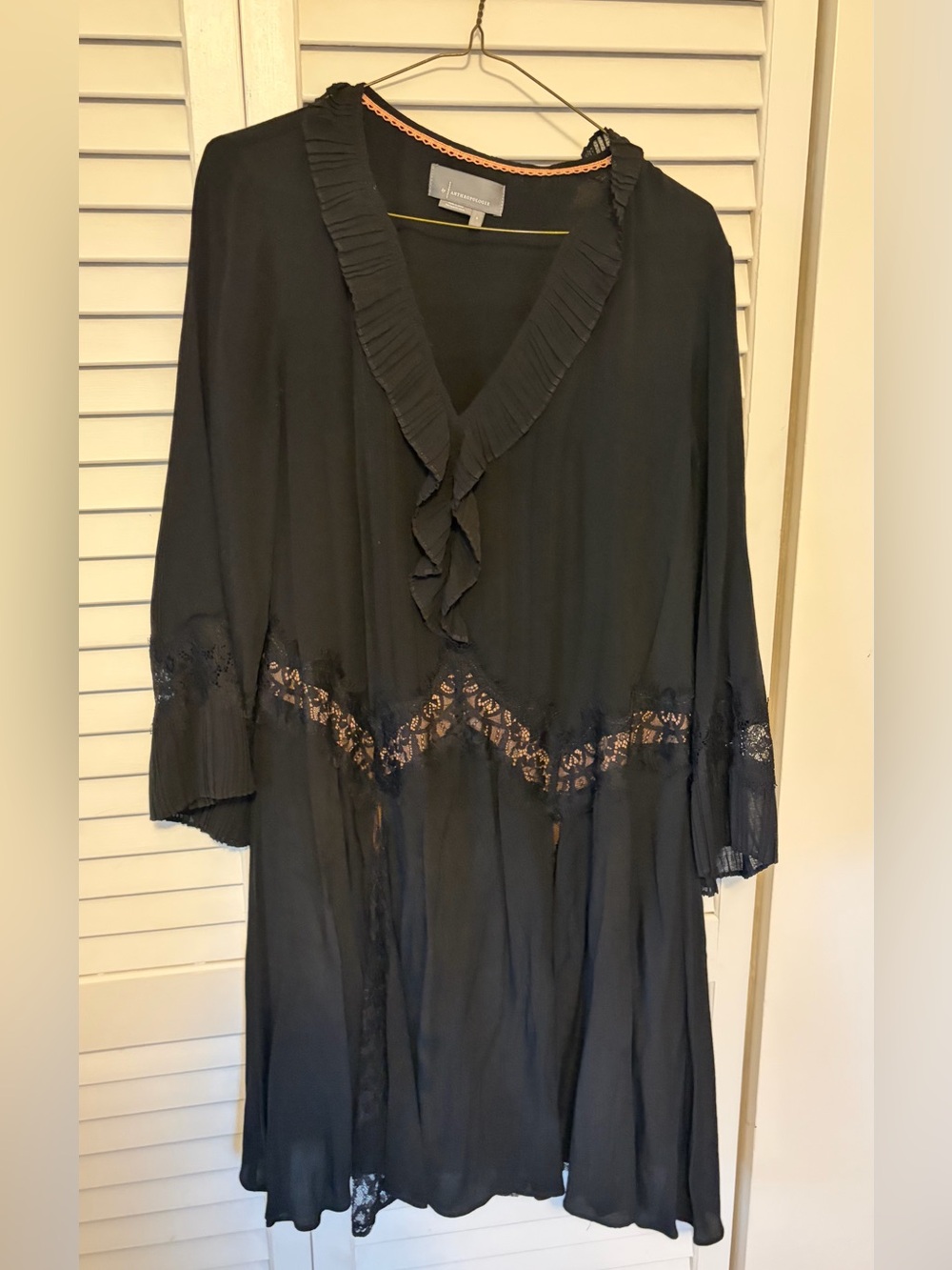 Anthropologie Black Lace-Trim V-Neck Robe